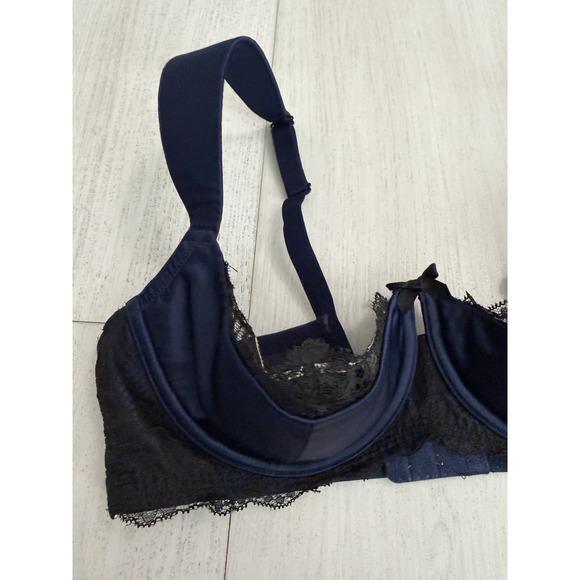 Cacique Satin Lace Quarter Cup Underwire Bra Sz 38D Blue / Black - Picture 3 of 5